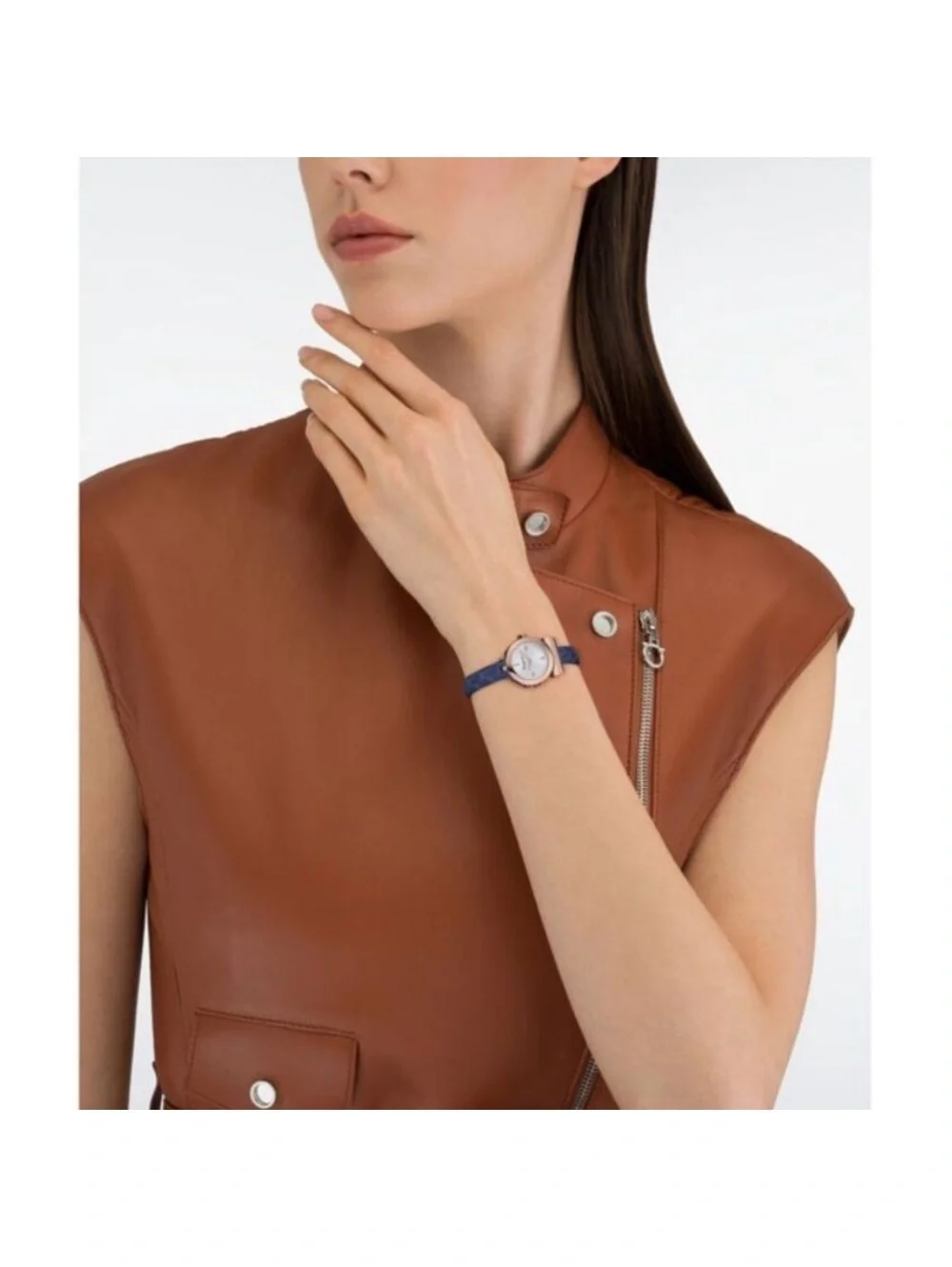 Salvatore Ferragamo Gancino Rose Gold and Blue Leather Women's 23mm Watch NEW